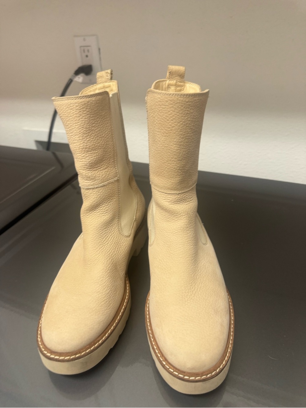Paul Green Cream Mid-Calf Leather Heeled Boots